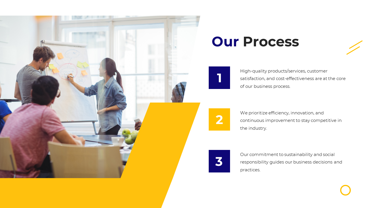 Business process slide highlighting three key points with team collaboration in the background on a white theme.