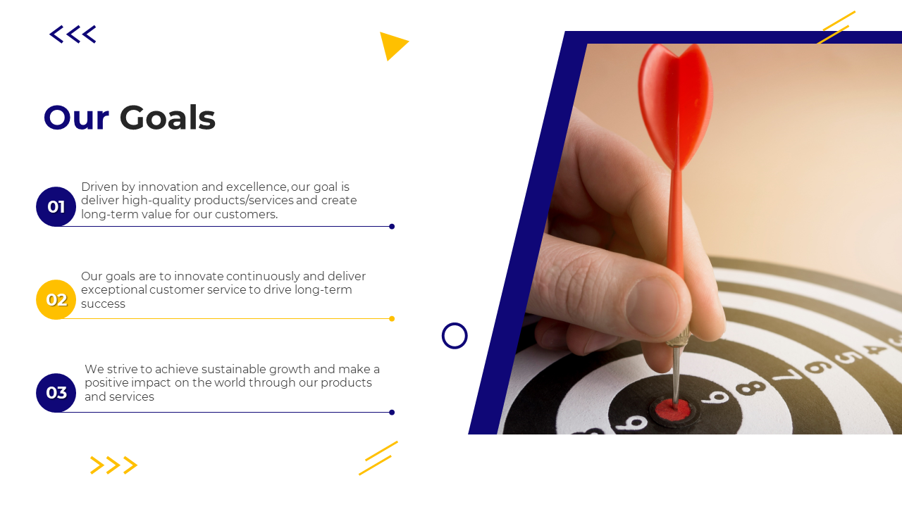 Slide illustrating company goals with a dart hitting the bullseye with three text descriptions on a white backdrop.