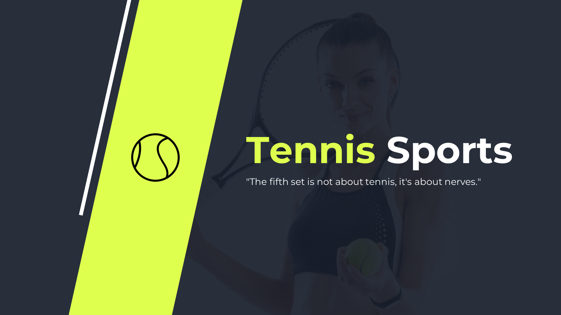 Tennis sports slide with a motivational quote about nerves, featuring a tennis ball icon and an athlete holding a ball.