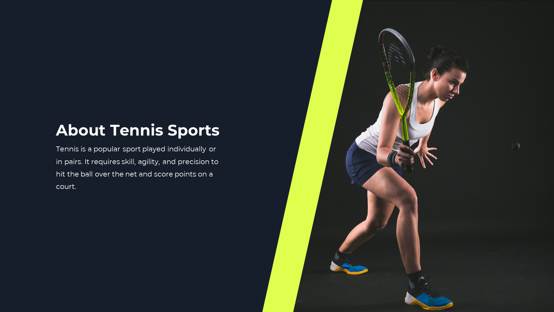 Tennis sports slide with a female player in action, showcasing the sport’s demand for skill, agility, and precision.