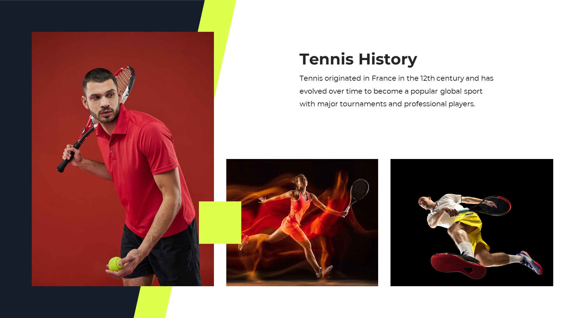 Tennis history slide featuring images of male and female players, illustrating the evolution of tennis as a global sport.