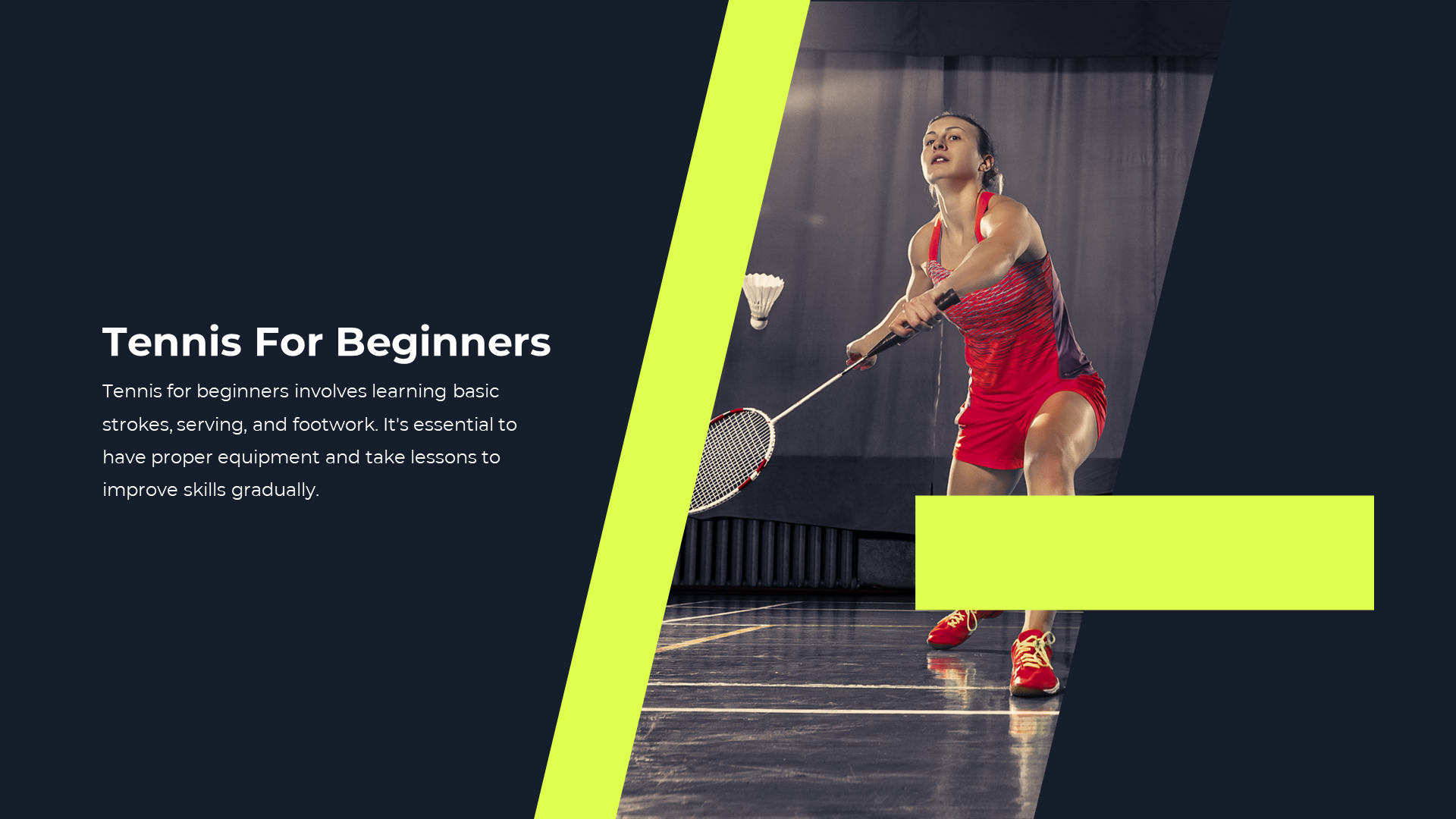 Tennis for beginners slide showing a female player learning the basics of tennis, focusing on strokes and footwork.