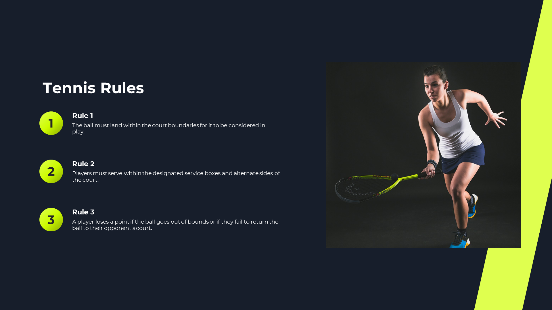 Tennis rules outlined with key points about the ball's placement alongside an image of a female player in a blue backdrop.
