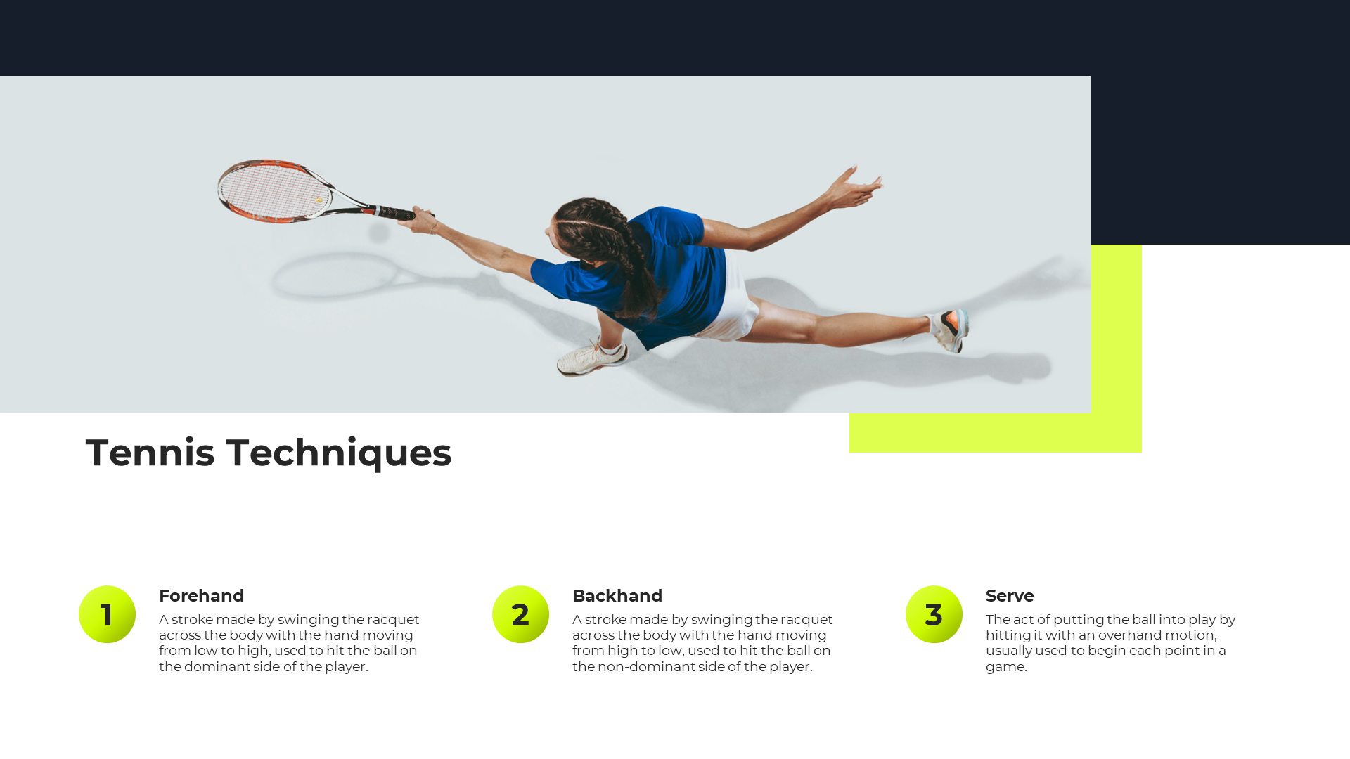 Tennis stroke techniques for forehand, backhand, and serve, are illustrated by a female player performing a forehand hit.