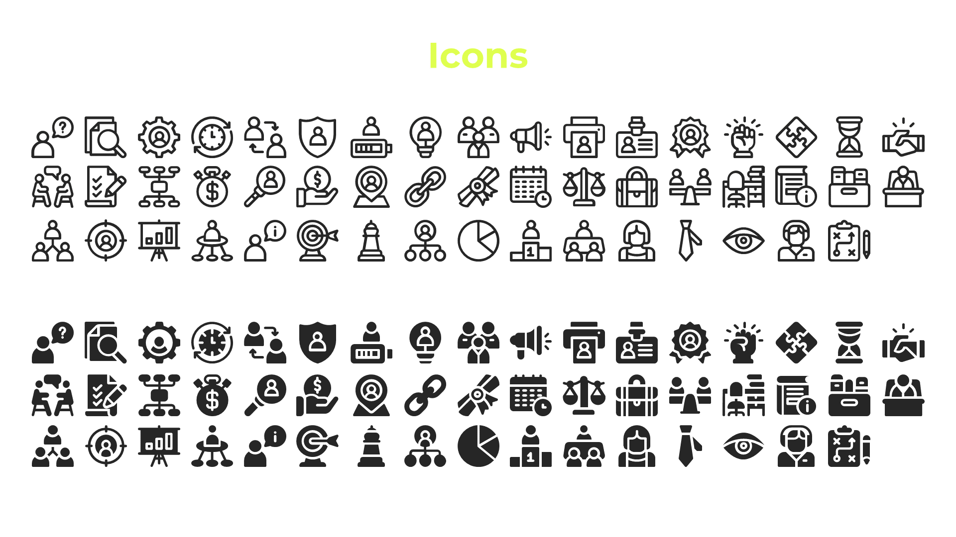 Icons representing business, teamwork, and planning processes, including shields, gears, arrows, and graphs in white theme.