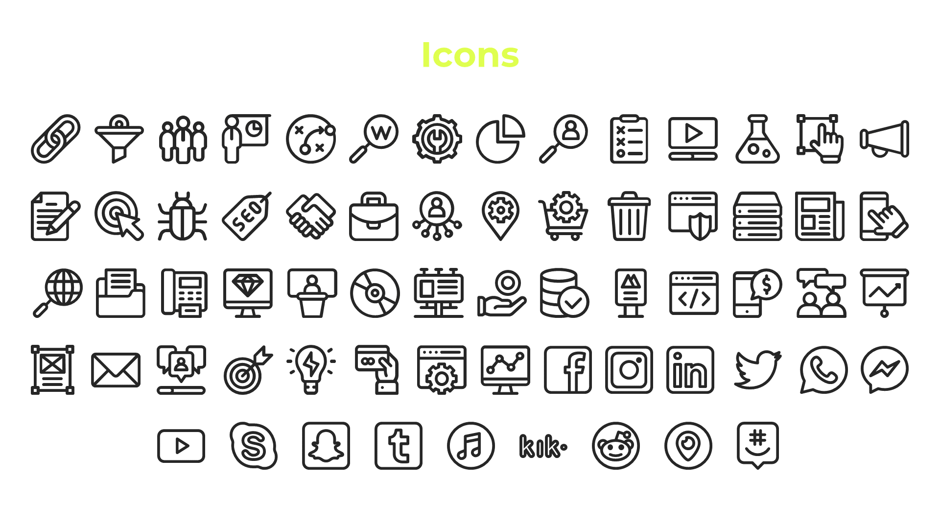 Set of business, technology, and social media icons including links, funnels, and communication tools in white theme.