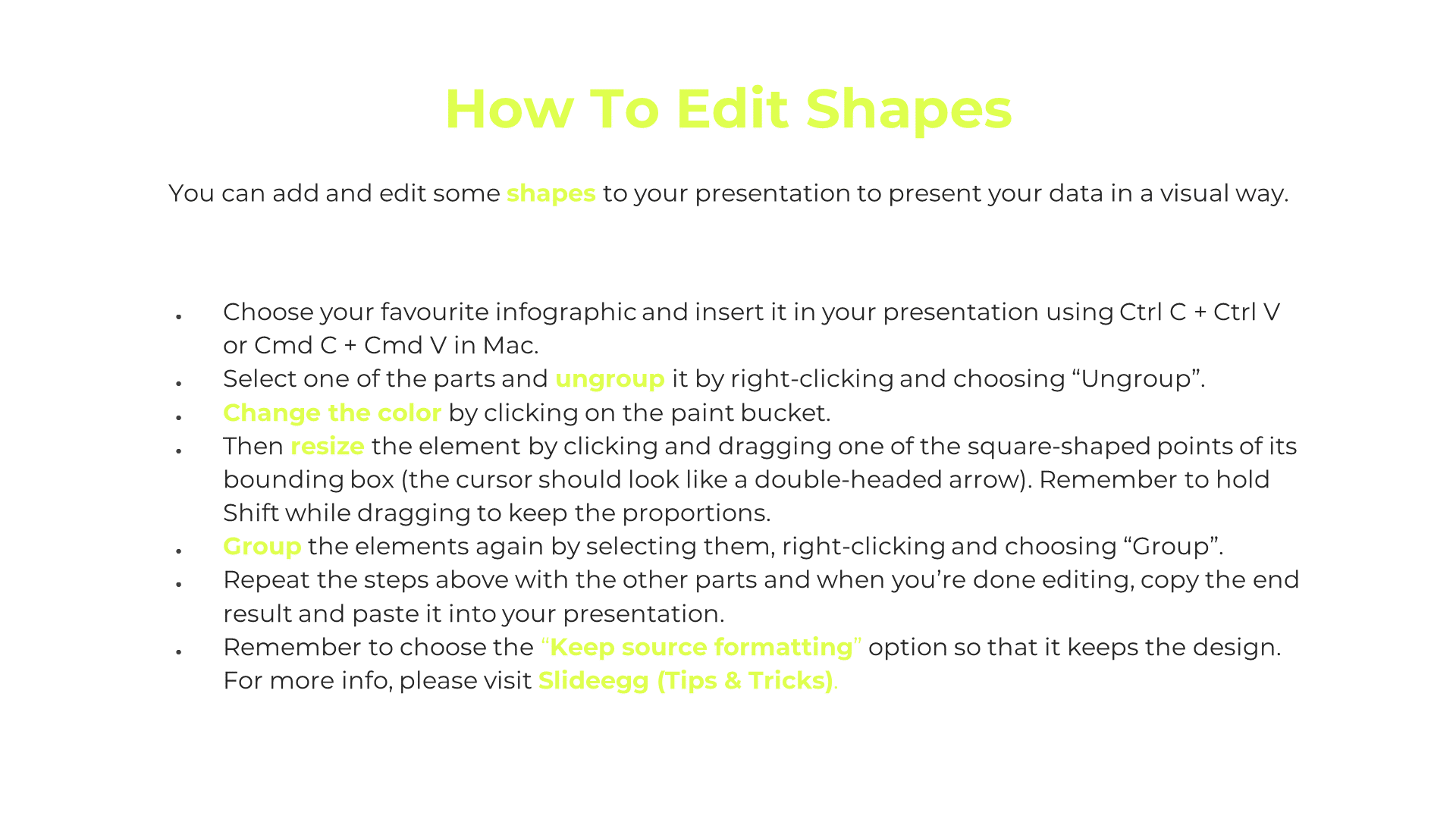 Instructions on how to edit shapes in PowerPoint, with steps for ungrouping, changing colors, resizing, and grouping again.