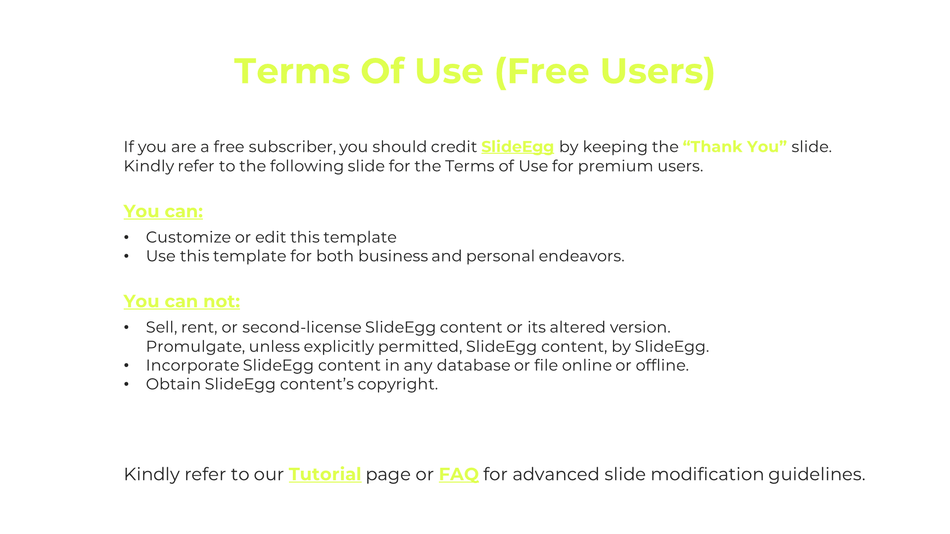 Terms of Use for free users, including instructions to credit SlideEgg in bullet points on a white backdrop.
