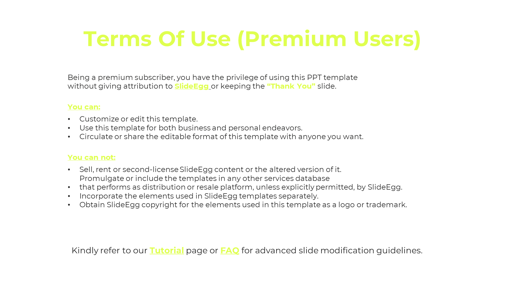 Terms of Use for premium SlideEgg users, allowing template customization and circulation on a white theme.