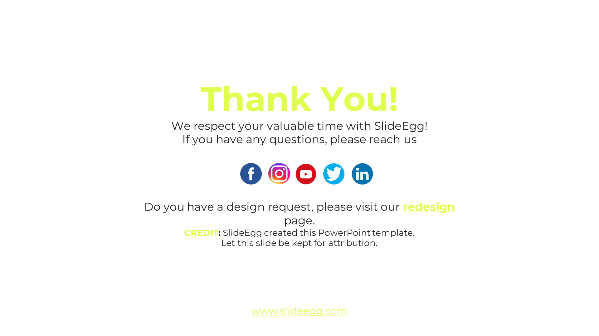 Bright yellow thank you text on a white background and social media icons with website link below.