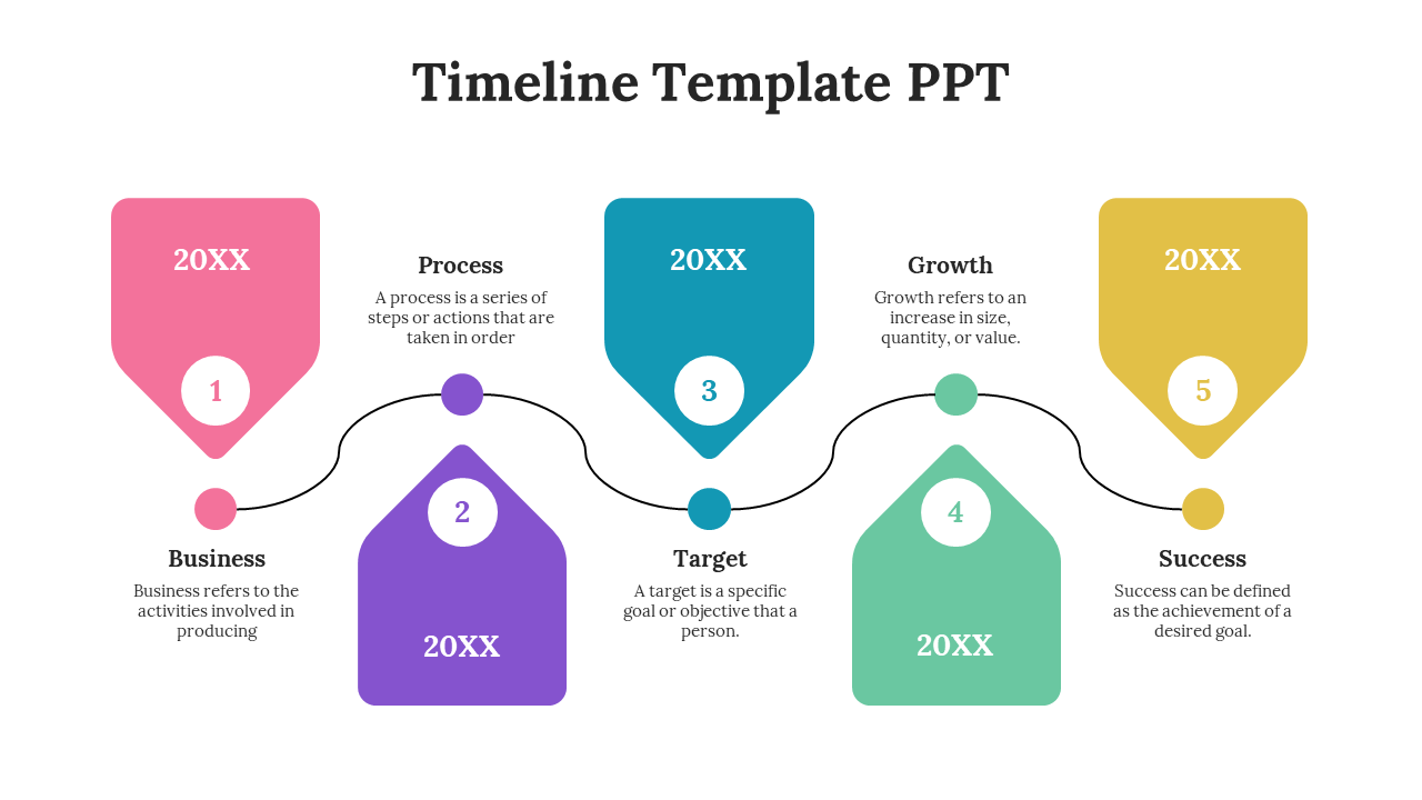 Timeline PowerPoint template with colorful key steps represented by colored shapes and descriptions on a white backdrop.