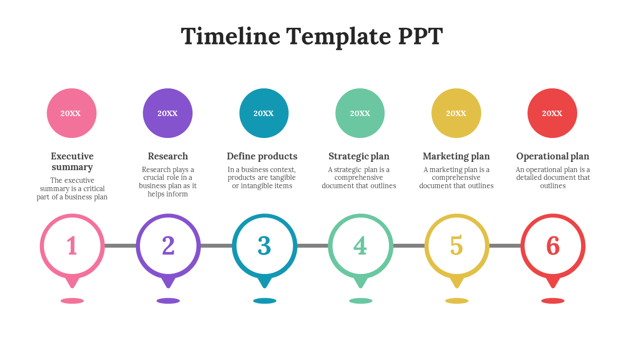 Timeline PowerPoint template featuring six stages in color coded circular shapes with descriptions on a white backdrop.