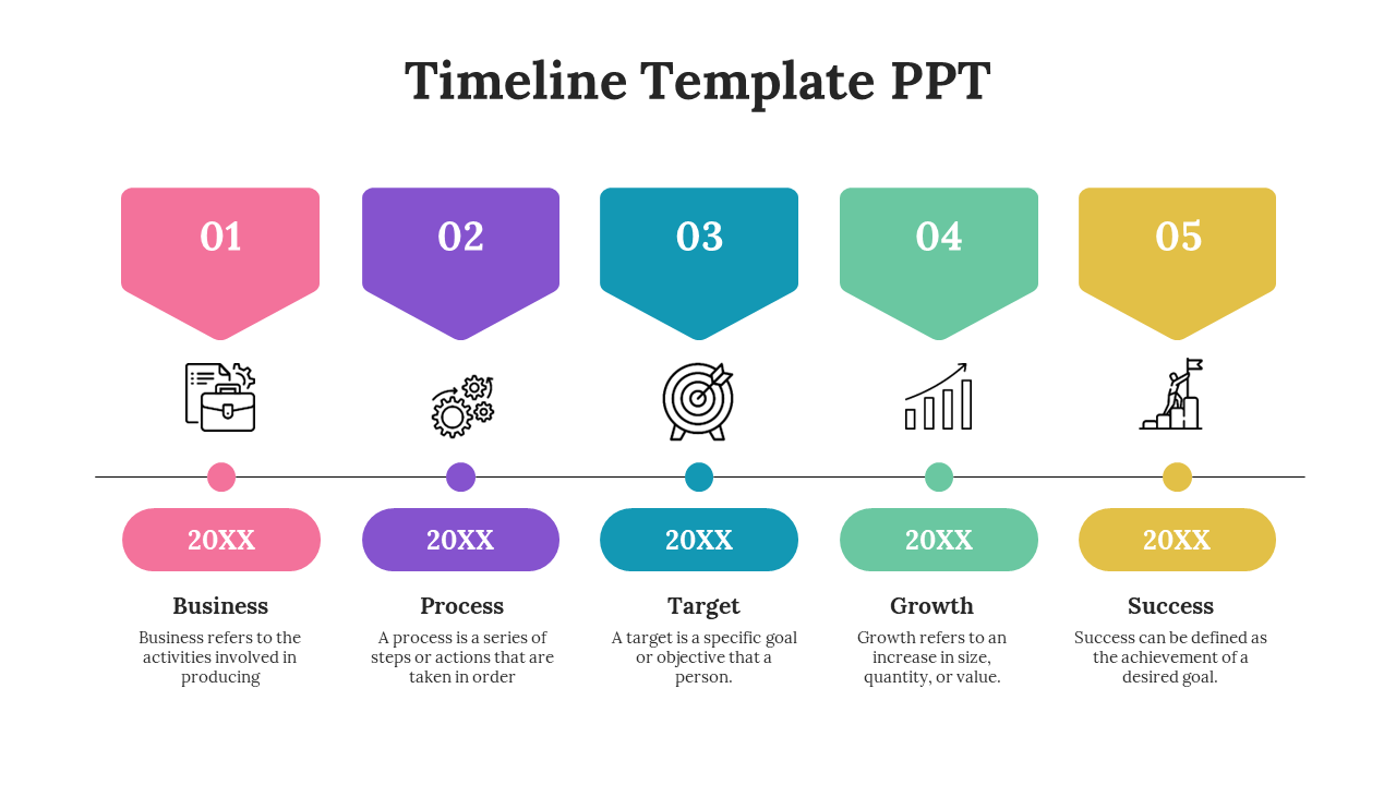 Colorful timeline template illustrating five stages with icons and descriptions on a white backdrop.