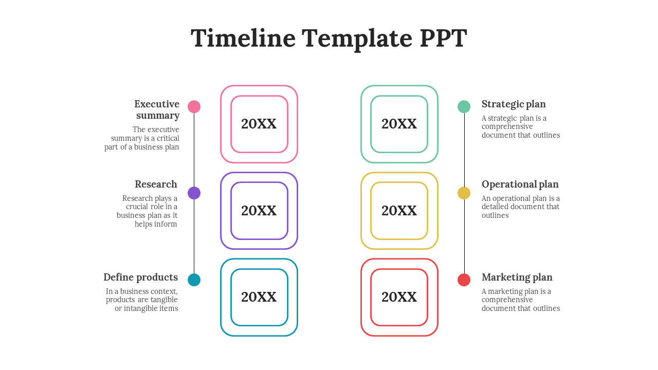 Timeline PowerPoint template with six stages with color coded boxes on a white backdrop with text descriptions.