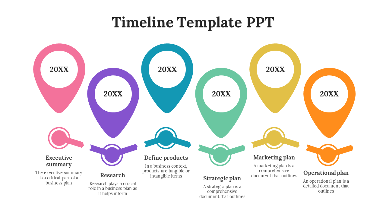 Timeline PowerPoint template showing six stages with colorful circular markers with text description on a white backdrop.