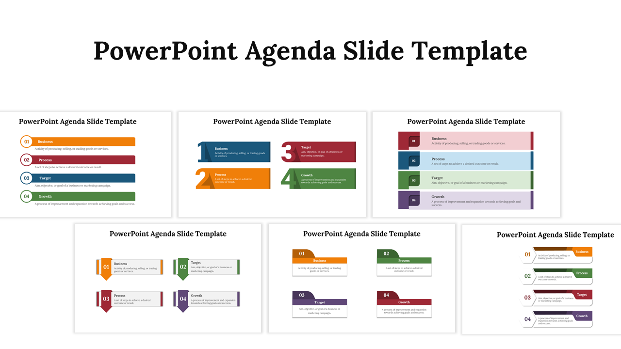 Multiple colorful agenda PowerPoint slides with visually distinct sections labeled business, process, target, and growth.