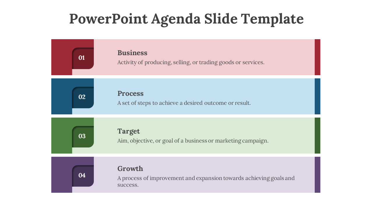 Agenda PPT slide featuring sections for business, process, target, and growth, each with a unique color and description.