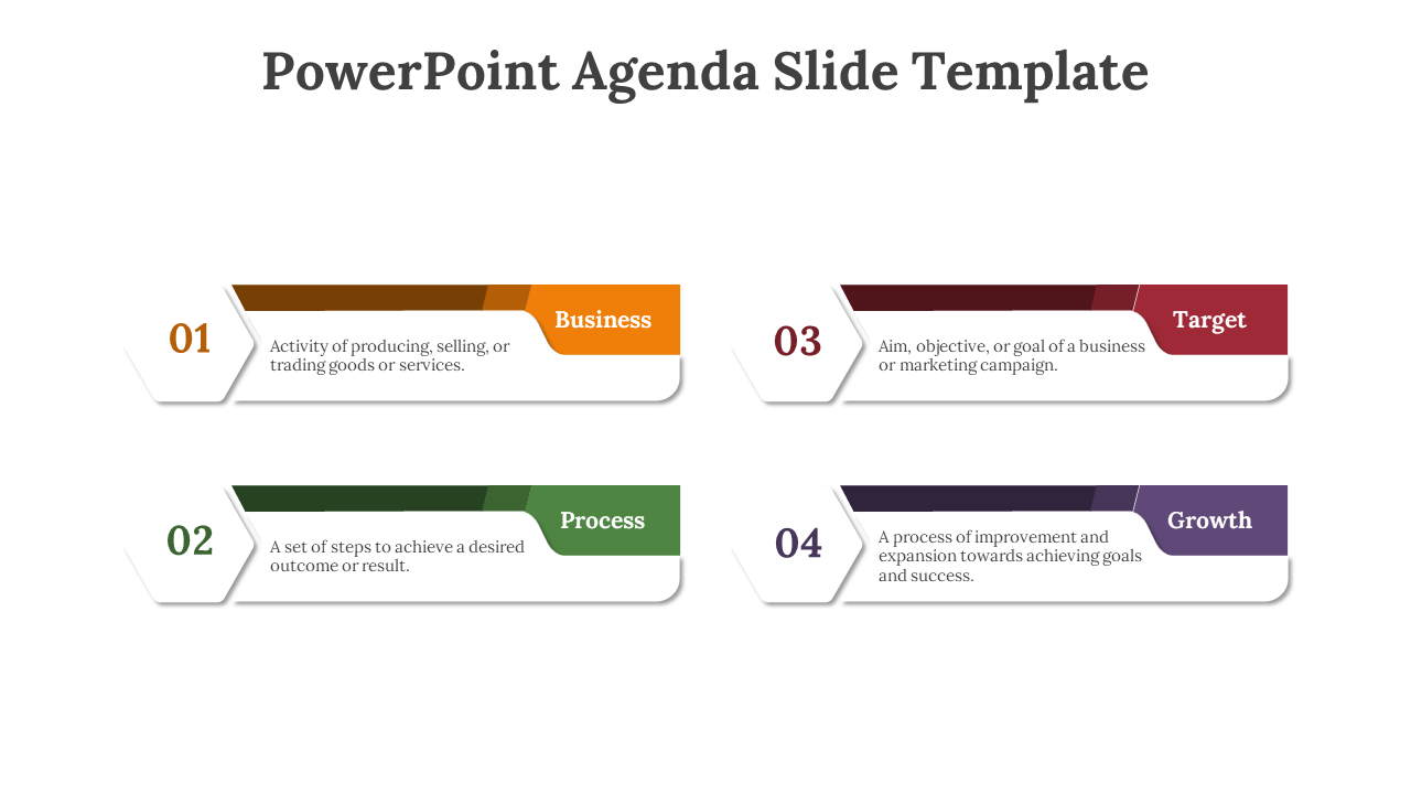 Agenda PPT slide featuring four sections each with a unique hexagon shaped color label and brief description.