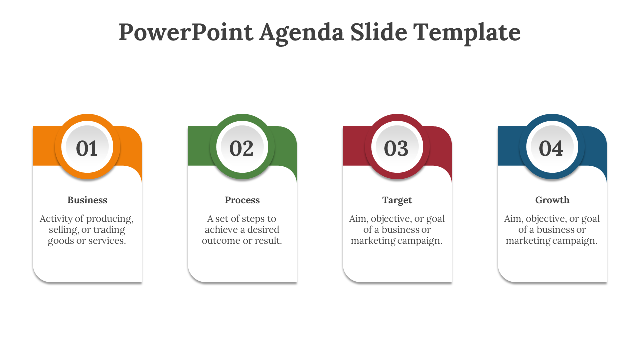 Agenda PPT slide featuring four sections business, process, target, and growth, each with a unique color and circular label.