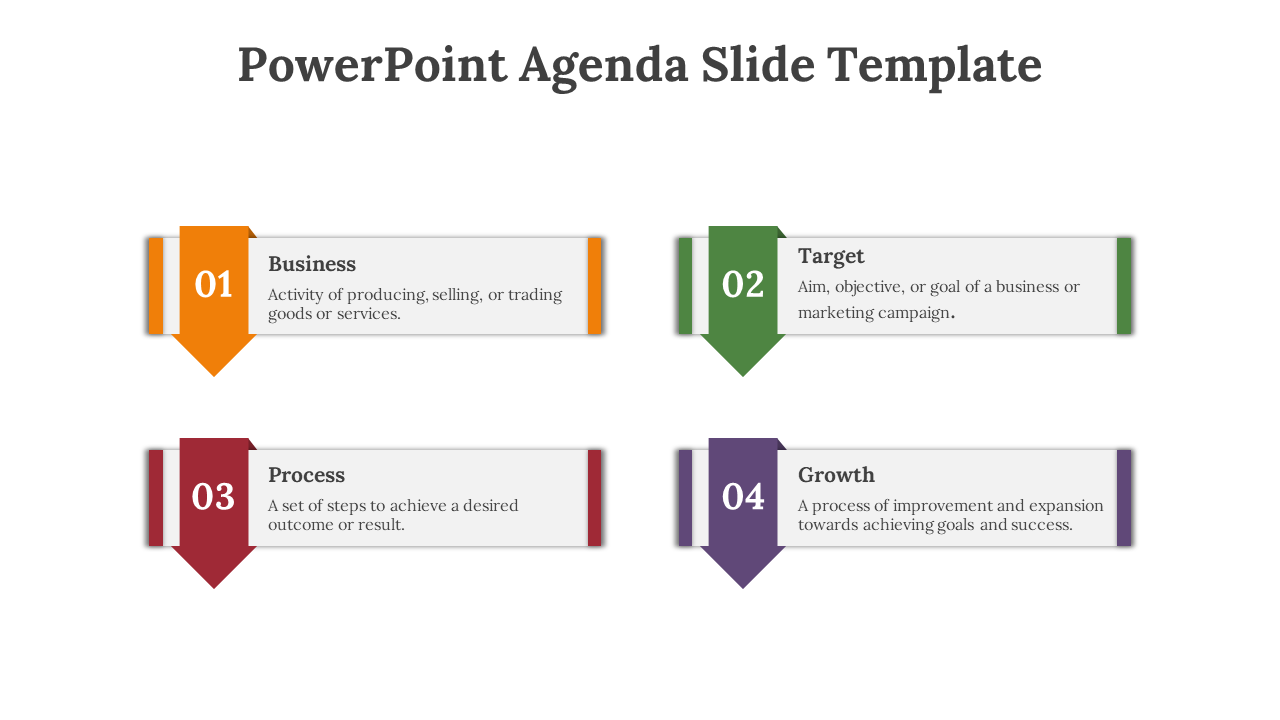 Agenda PPT slide with four sections Business, Target, Process, and Growth, each with an arrow shape and color coded label.