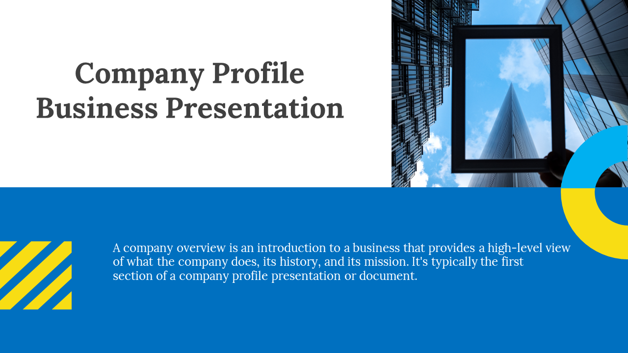 Company profile business presentation slide featuring a title and an overview of the company with a modern building image.