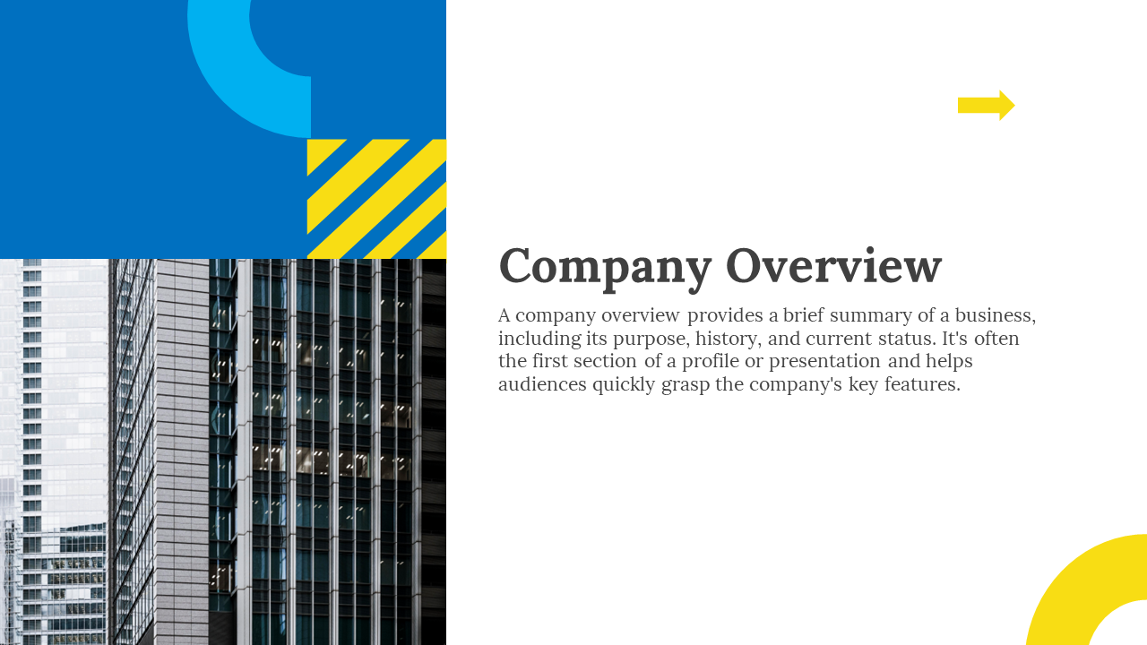 Company overview slide featuring a summary with a modern building image and colorful design elements on a white theme.