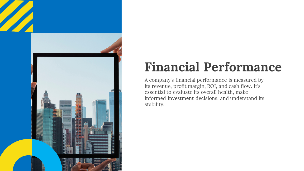 Financial performance slide detailing how a company's performance is measured by revenue with a city skyline image.