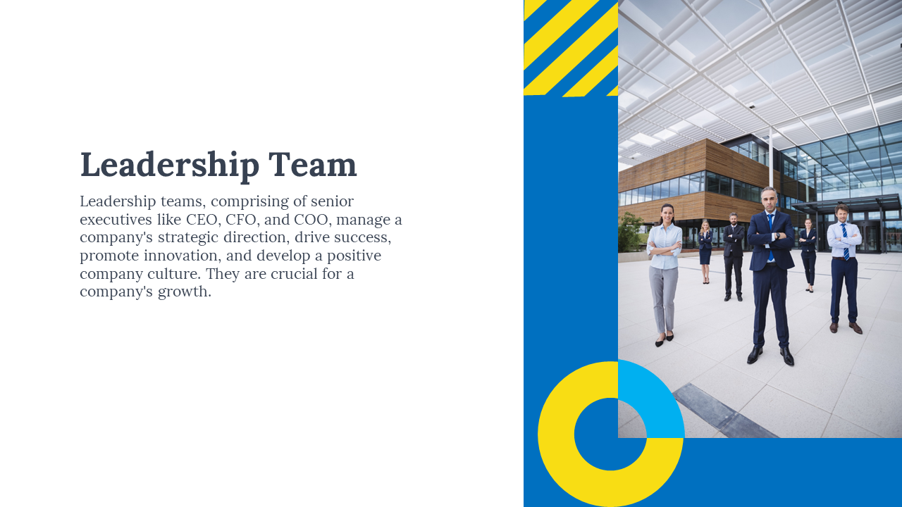 Leadership teams slide shows with a team of professionals standing in front of an office building in white and blue backdrop.