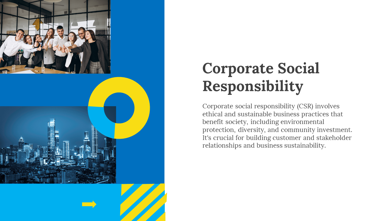 Corporate social responsibility slide with a team photo and city skyline background on a white and blue backdrop.