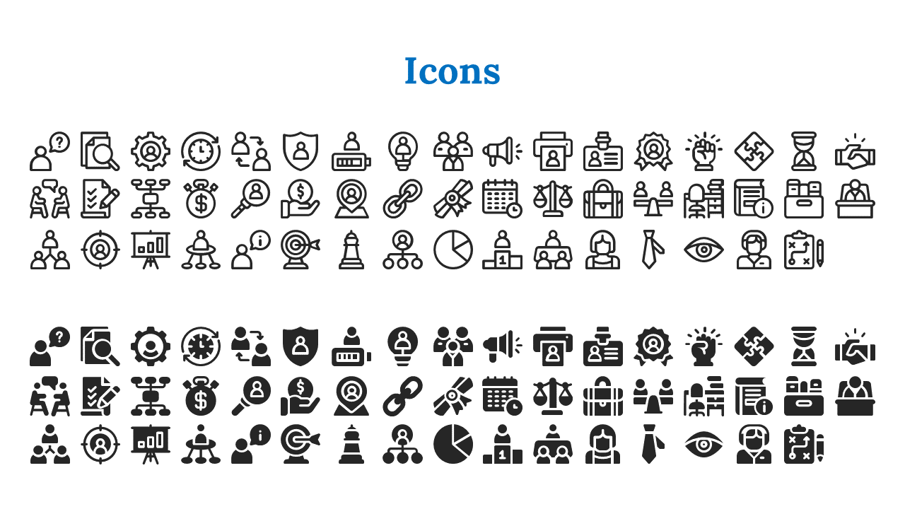 A collection of black icons representing business related themes such as collaboration, analysis, marketing, and finance.