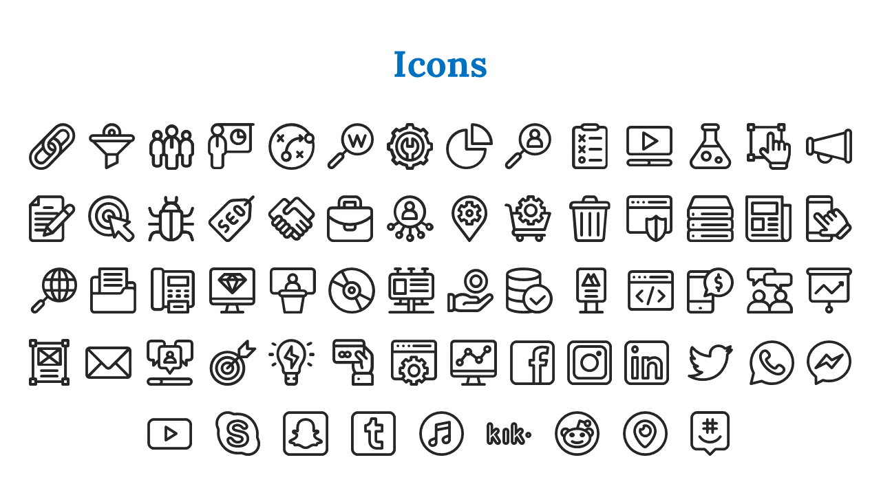 Set of black icons featuring digital and business related themes such as marketing, SEO, and communication tools.