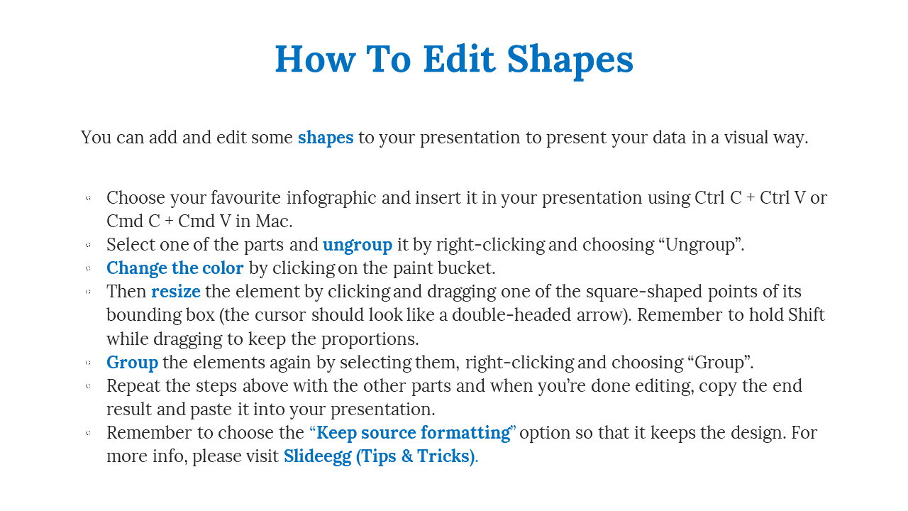 Step by step guide on editing shapes in PowerPoint, including actions like ungrouping, changing colors and grouping elements.
