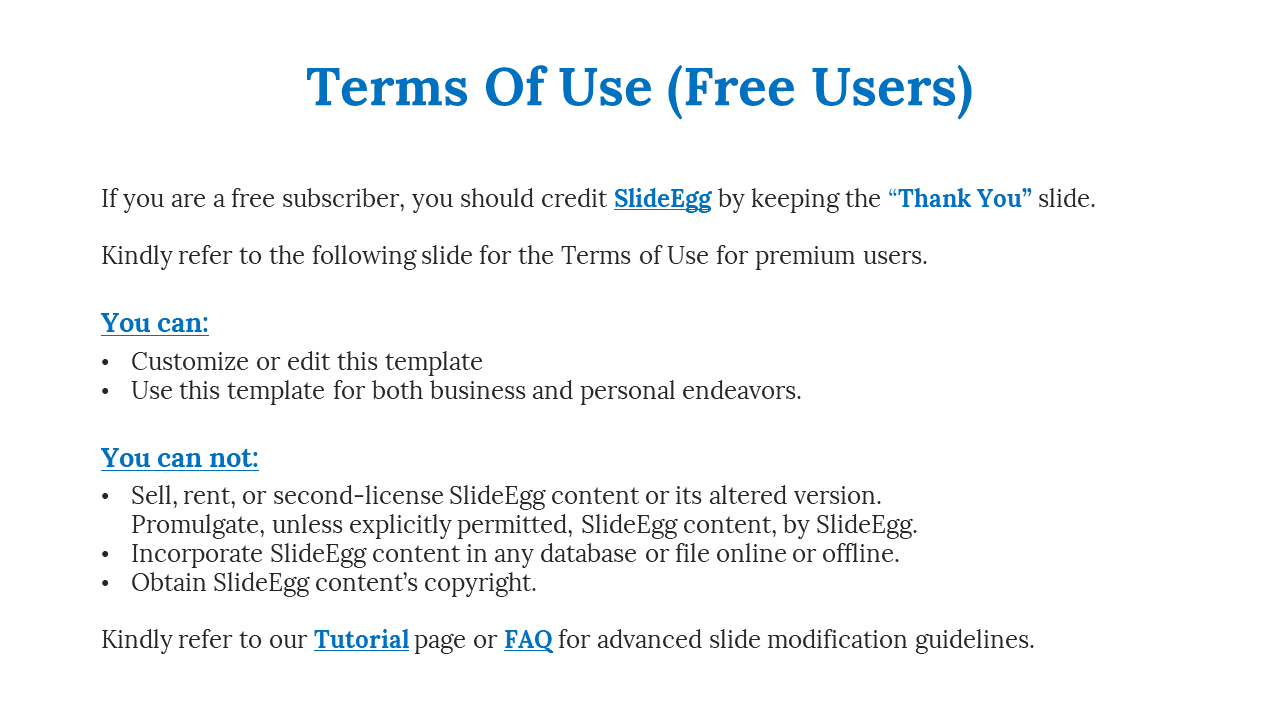 Terms of use slide for free users, explaining the rights for SlideEgg templates, including customization in white theme.