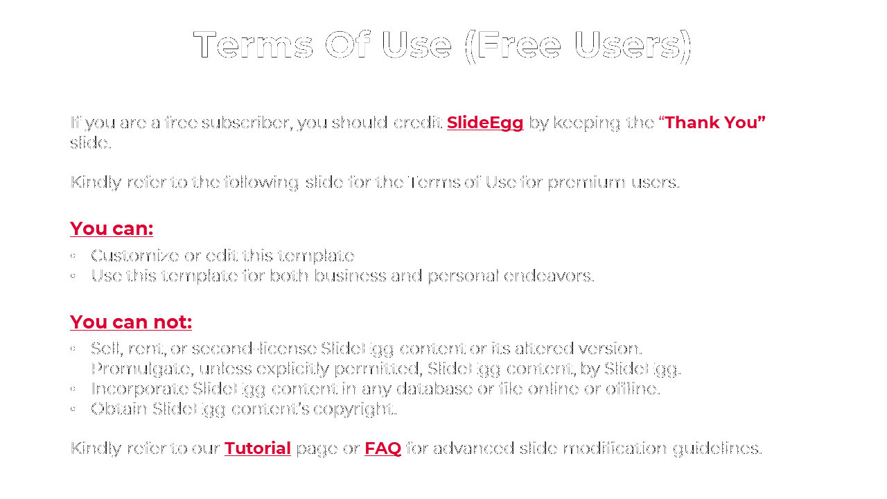 Terms of Use slide for free users, explaining the rights to customize, edit, and use templates on a white backdrop.