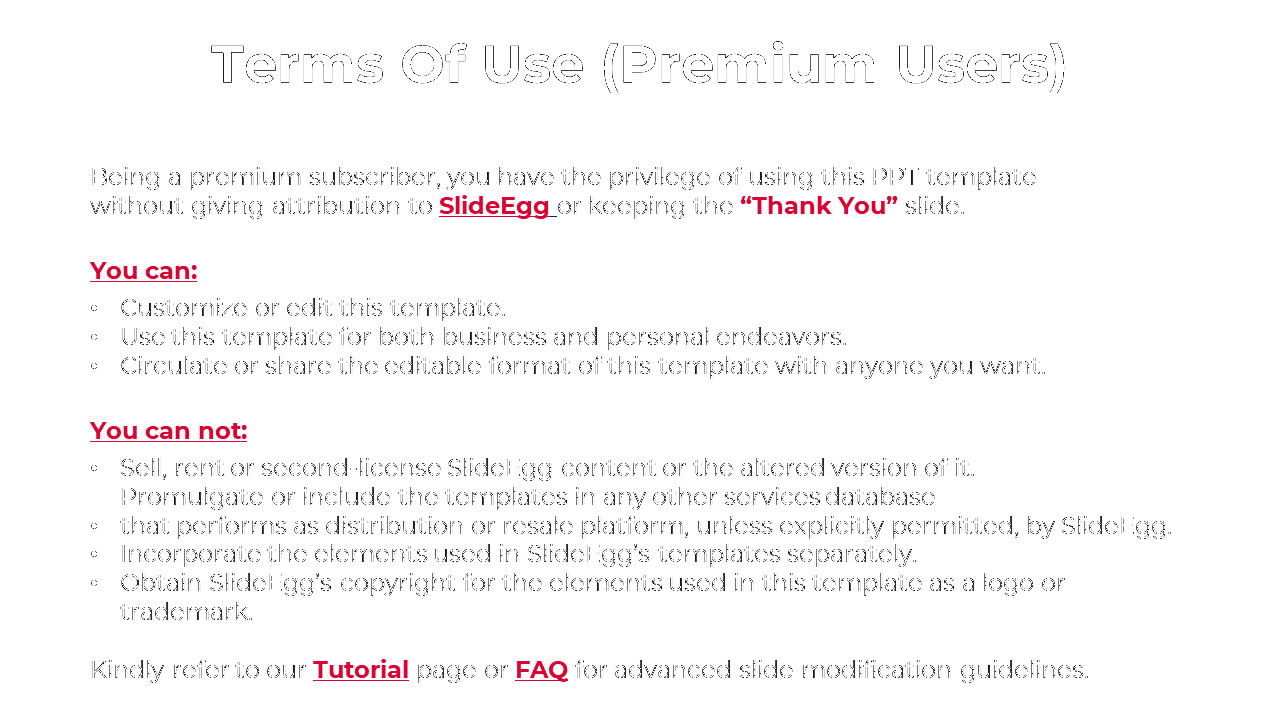 Terms of Use slide for premium users, explaining privileges in bullet points on white backdrop with highlighted text in red.