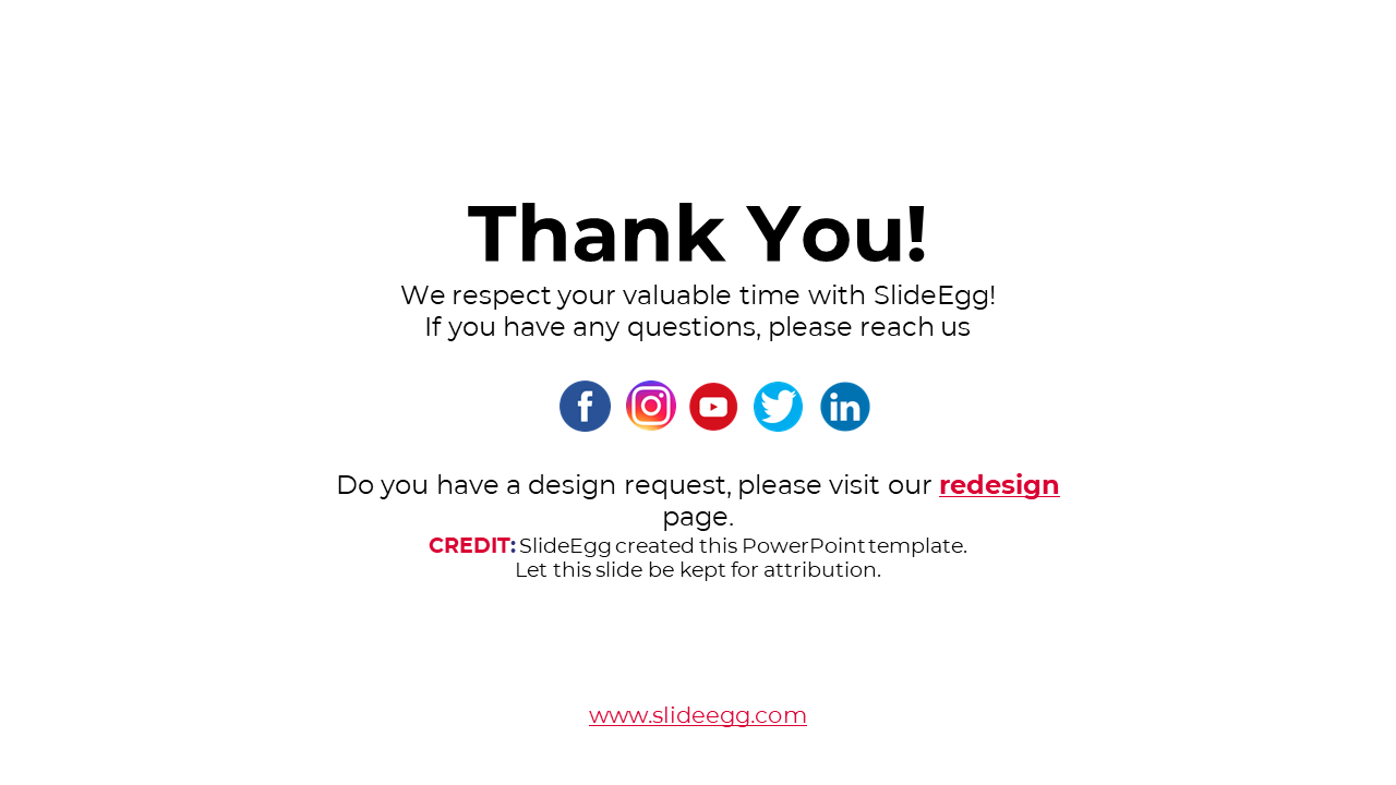 Thank you slide from SlideEgg, with contact information, social media links, and a call to action for design requests.
