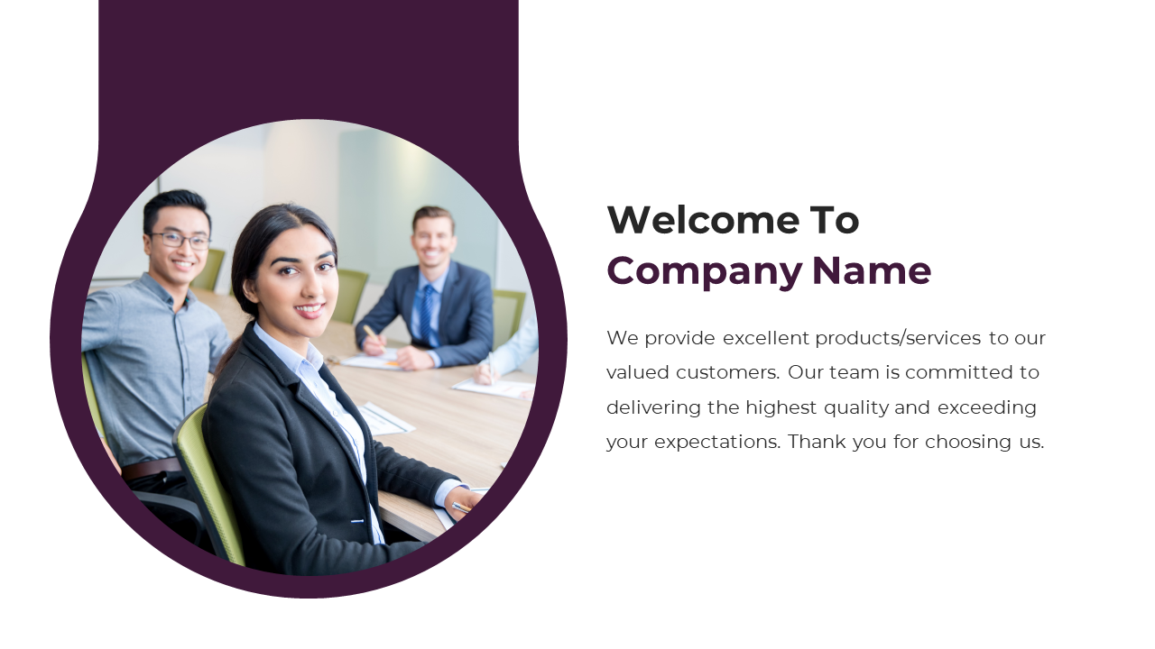 A company introduction slide with a welcoming message, featuring a team of professionals around a table on a white theme.