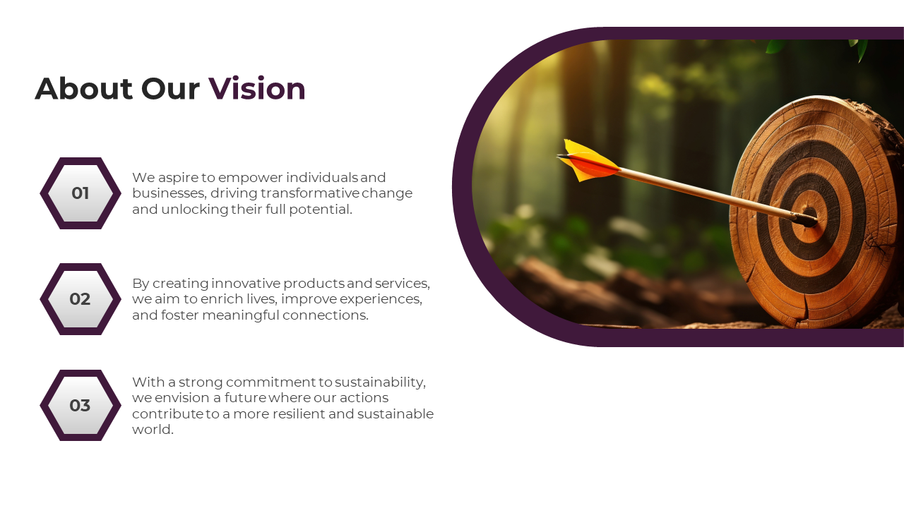 A vision slide showcasing the company's goals with three key points and a target image representing focus and success.