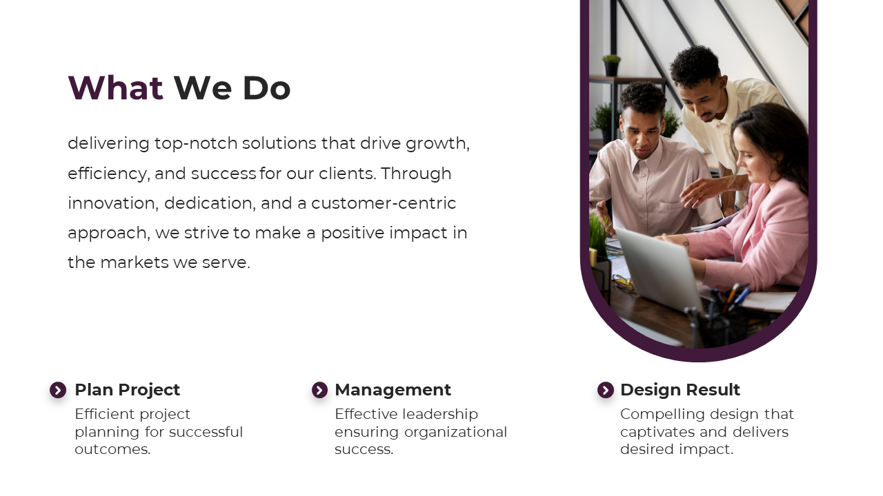 A What We Do slide featuring three people collaborating over a laptop, highlighting top notch solutions and innovation.