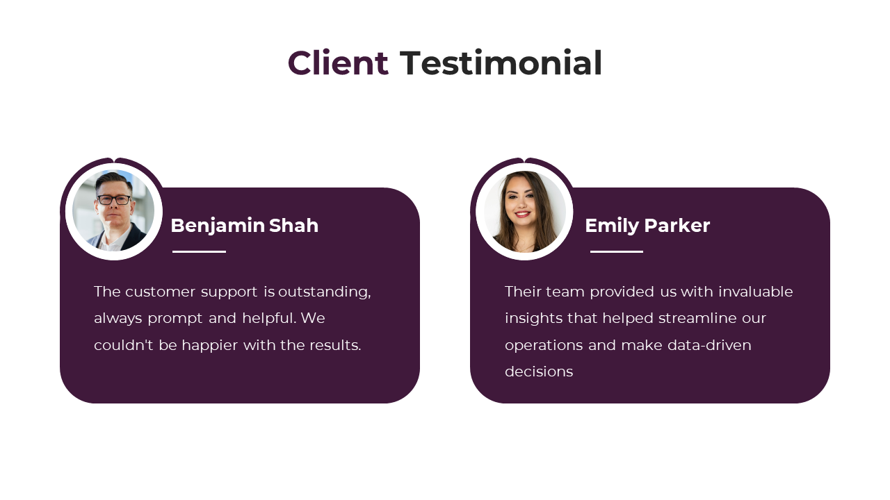 Client testimonial slide featuring quotes from Benjamin Shah and Emily Parker on a white and purple theme with a description.