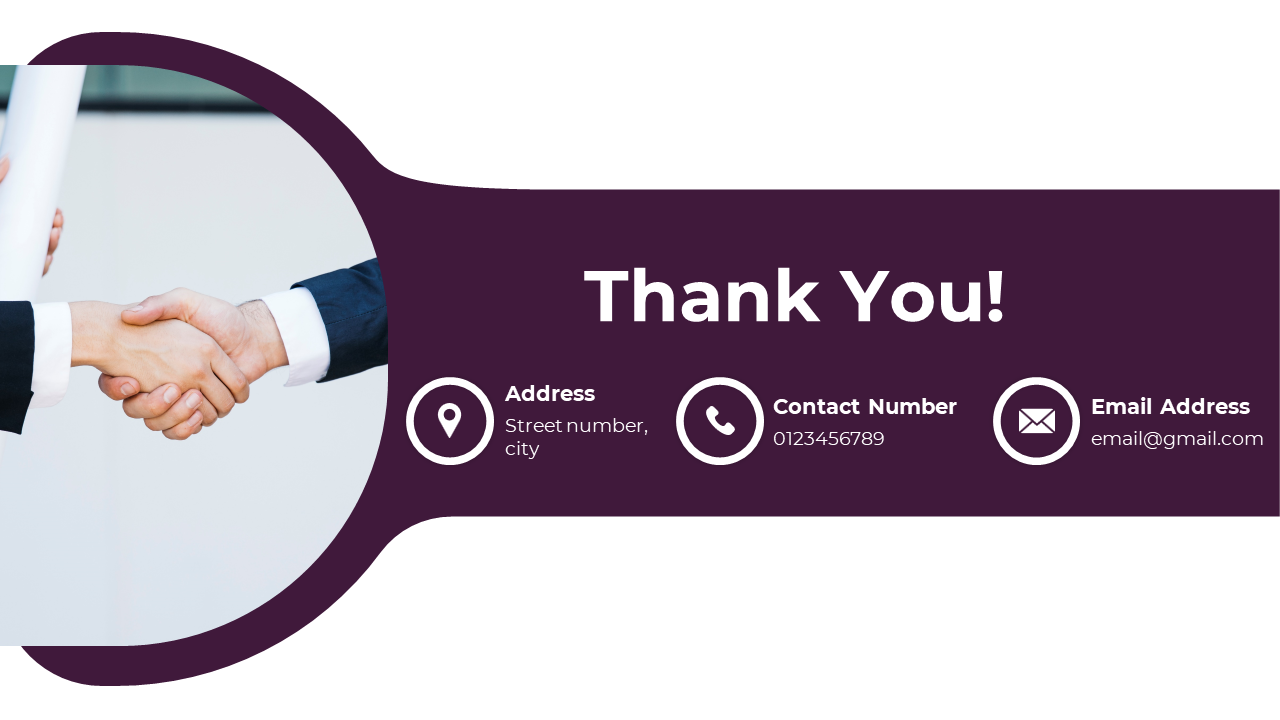 Thank you slide with contact details, including address, phone number, and email alongside a handshake image in purple theme.