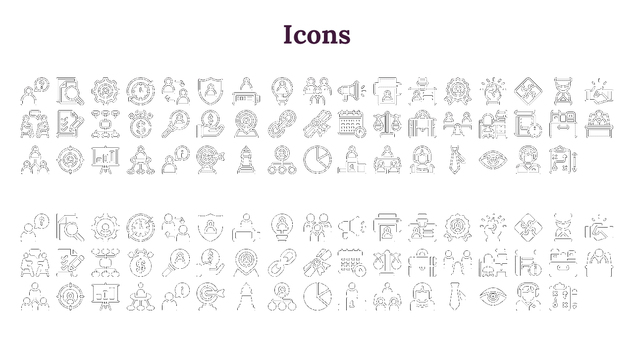 Collection of black and white icons for business, finance, and teamwork, including gears, and communication symbols.