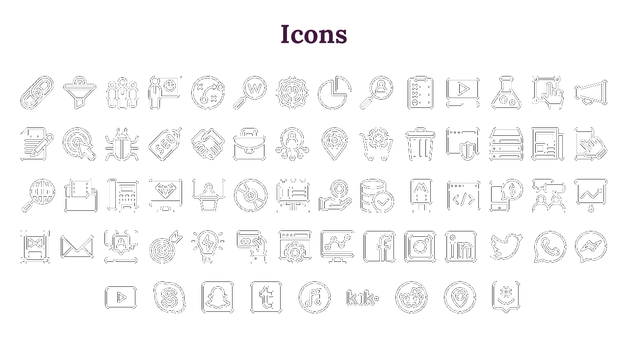 Set of professional icons such as a magnifying glass, SEO, social media logos, analytics, and marketing tools.