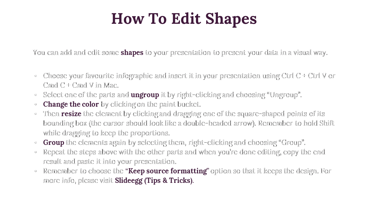 A step by step guide on how to edit shapes in PowerPoint, including instructions on ungrouping, changing colors and grouping.