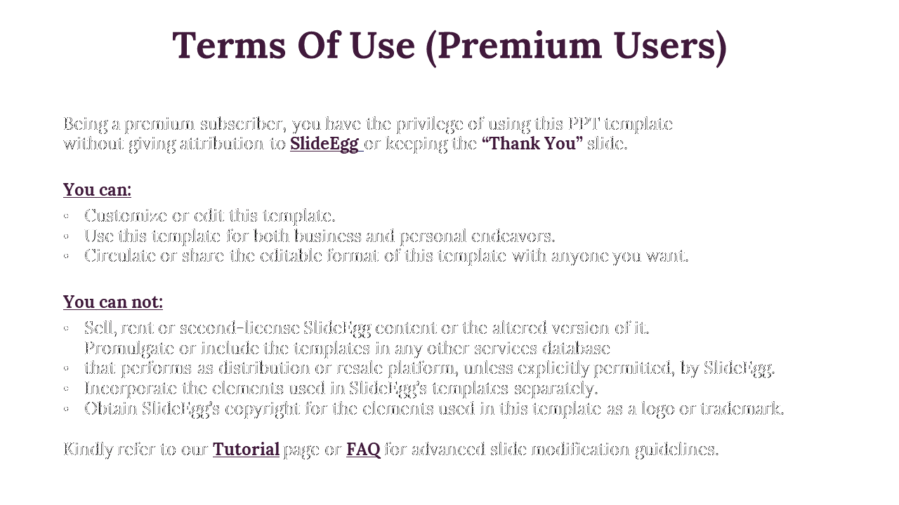 Terms of use for premium SlideEgg users, detailing rights to edit, share, and circulate templates on a white backdrop.