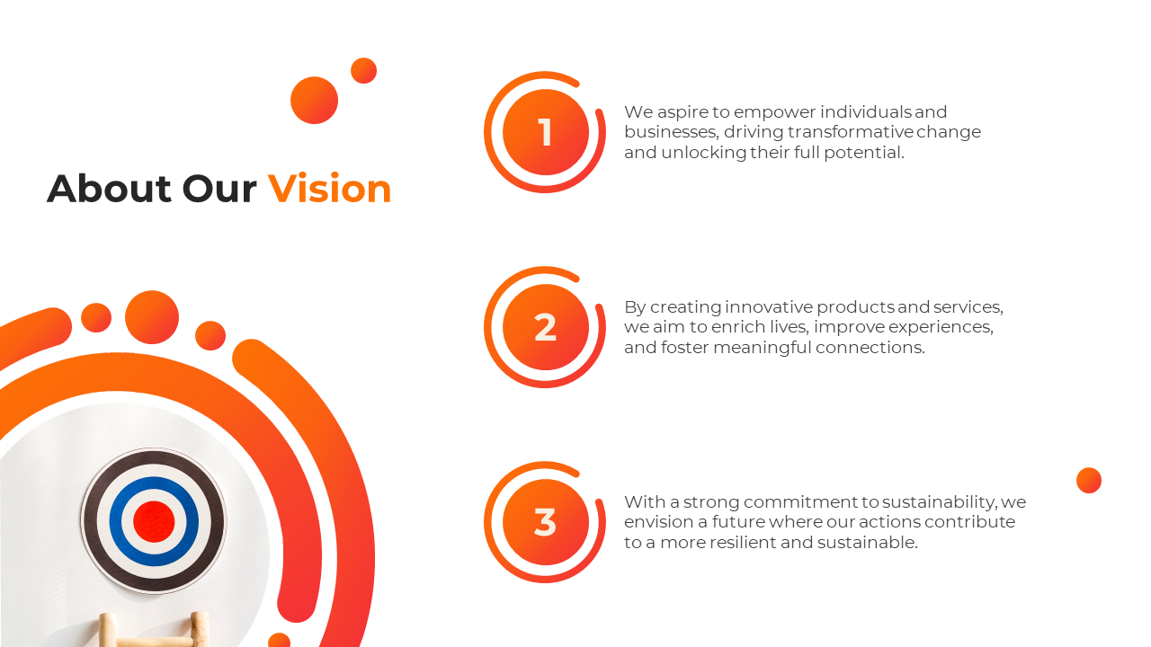 Vision statement slide with numbered points and a target design, highlighted by orange circles on a white backdrop.