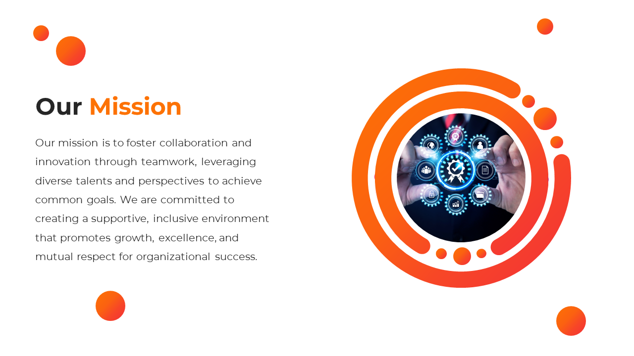 Mission statement slide featuring a professional with digital business icons and orange circular accents on a white theme.