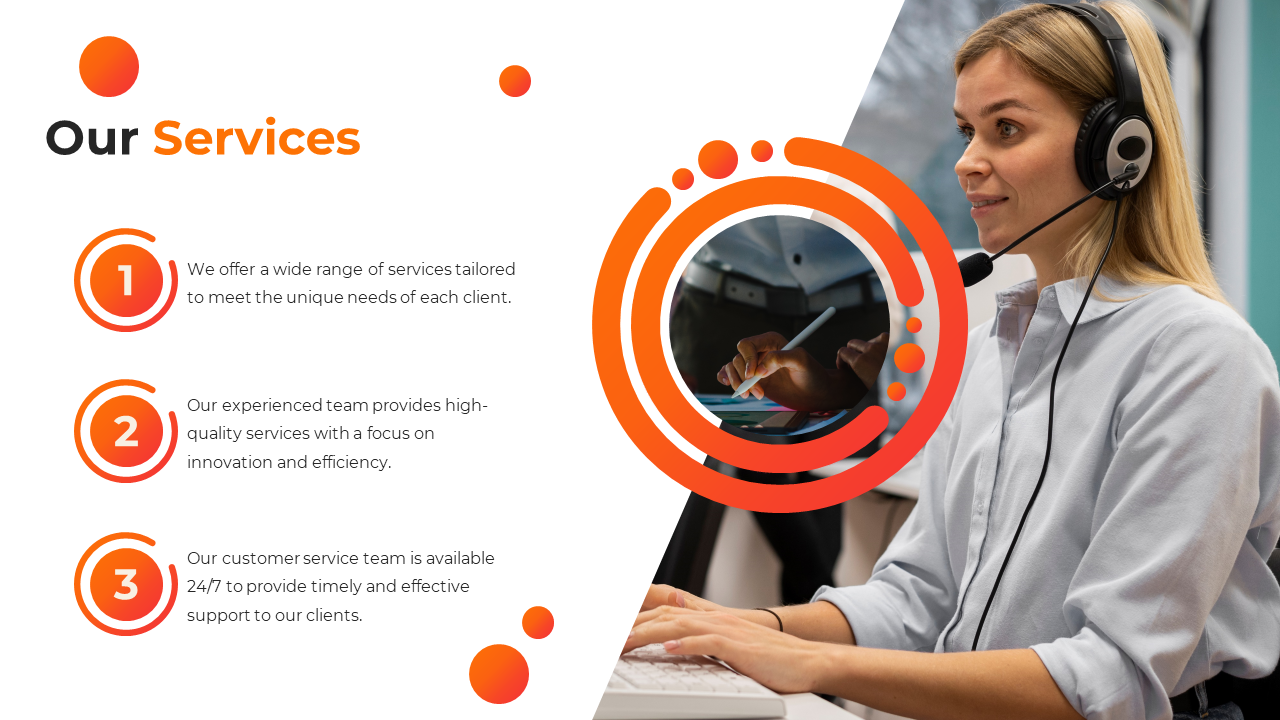 Customer service representative assisting clients, showcasing the range of services offered by the company on a white theme.