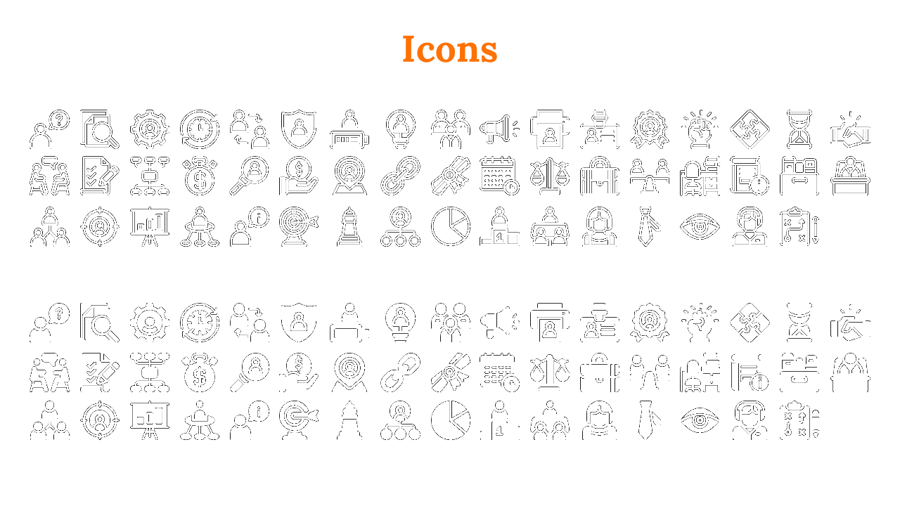 A collection of black and white icons organized in two rows, representing various business concepts on a white backdrop.