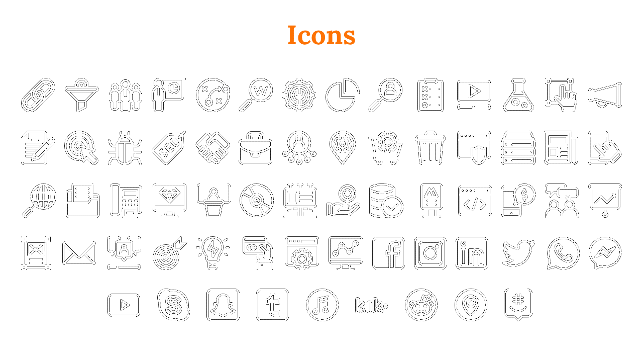 Collection of black and white icons with a wide range of digital, social media, and business tools on a white backdrop.